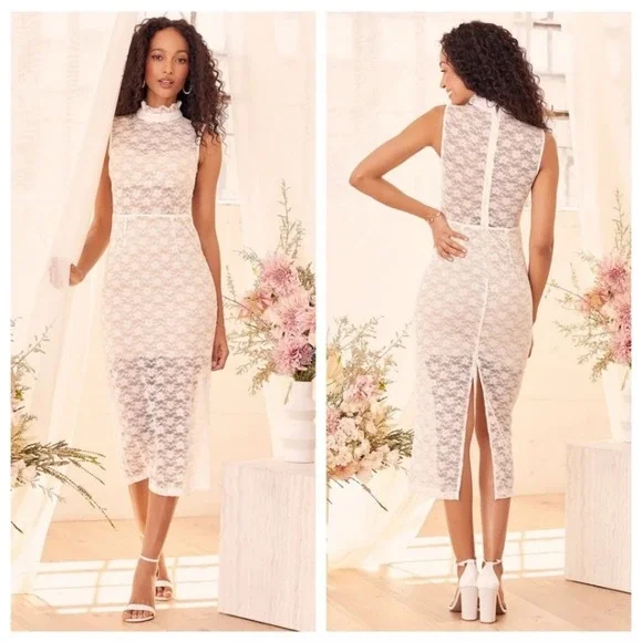 Lulus White Lace Mock Neck Midi Dress White Size L - Picture 6 of 10